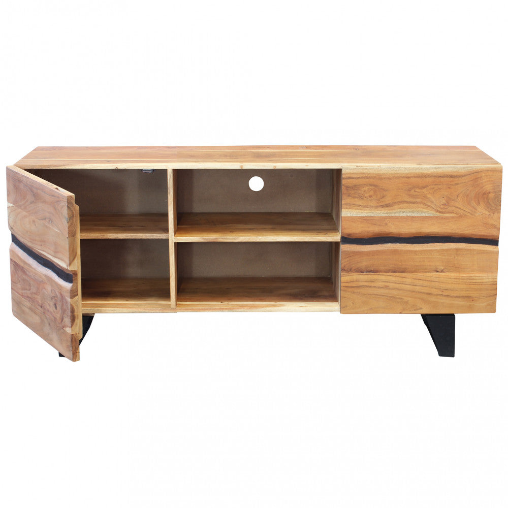 Mobile porta TV in legno di acacia con 2 ante e 2 ripiani Nister