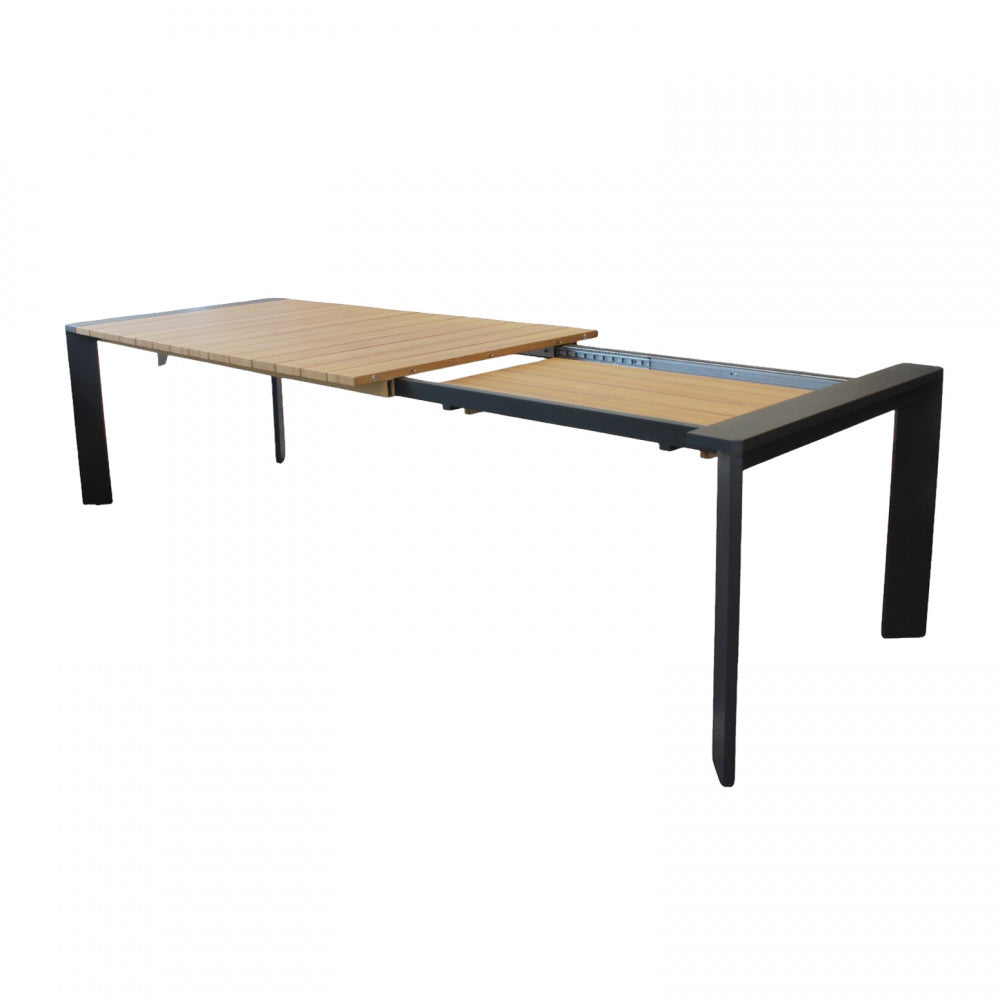 Tavolo rettangolare allungabile in alluminio con piano effetto legno 200/250x100xH75 cm