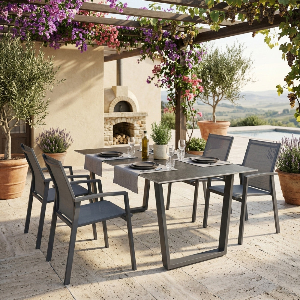 Tavolo da esterno 160x90 cm in alluminio antracite e piano in finta pietra