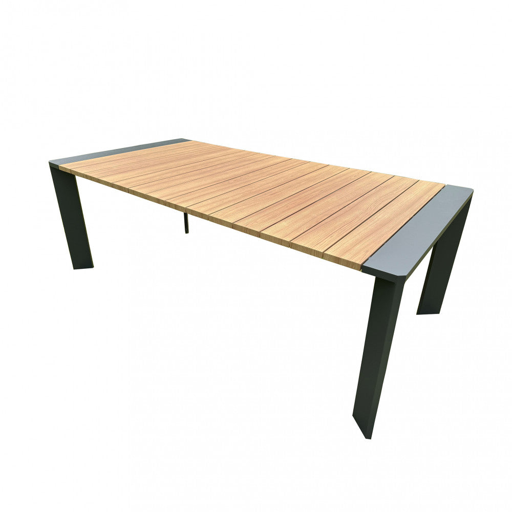 Tavolo rettangolare allungabile in alluminio con piano effetto legno 200/250x100xH75 cm
