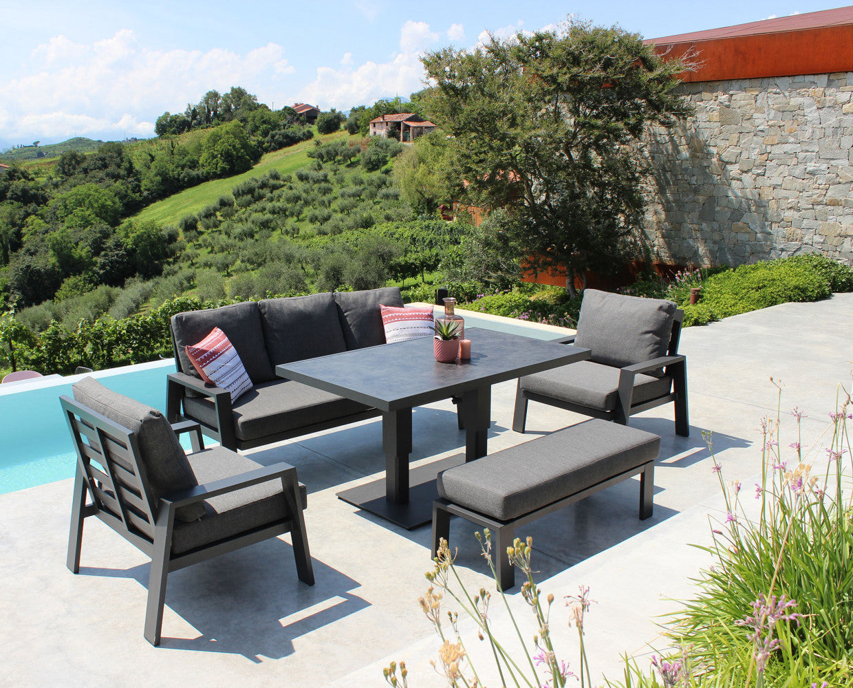 Salotto 7 posti da giardino con struttura in alluminio e tavolino altezza regolabile Paloma