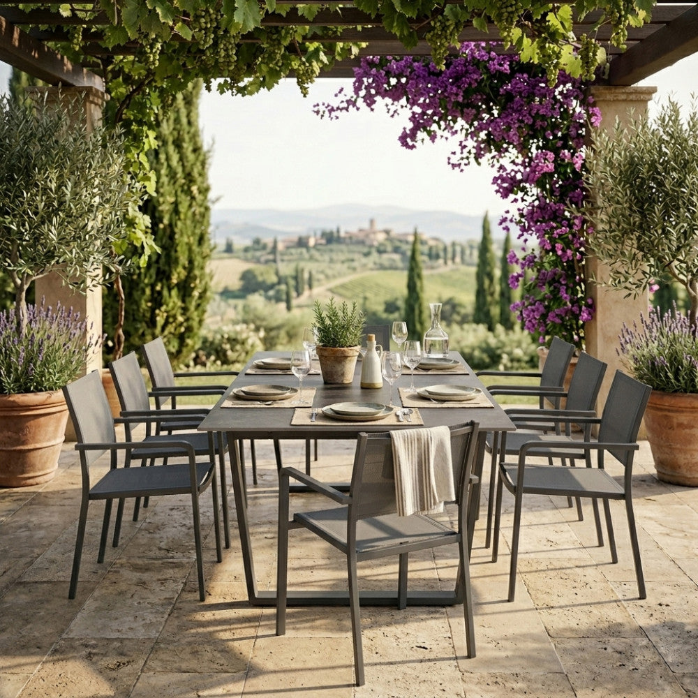Tavolo da esterno 160x90 cm in alluminio antracite e piano in finta pietra