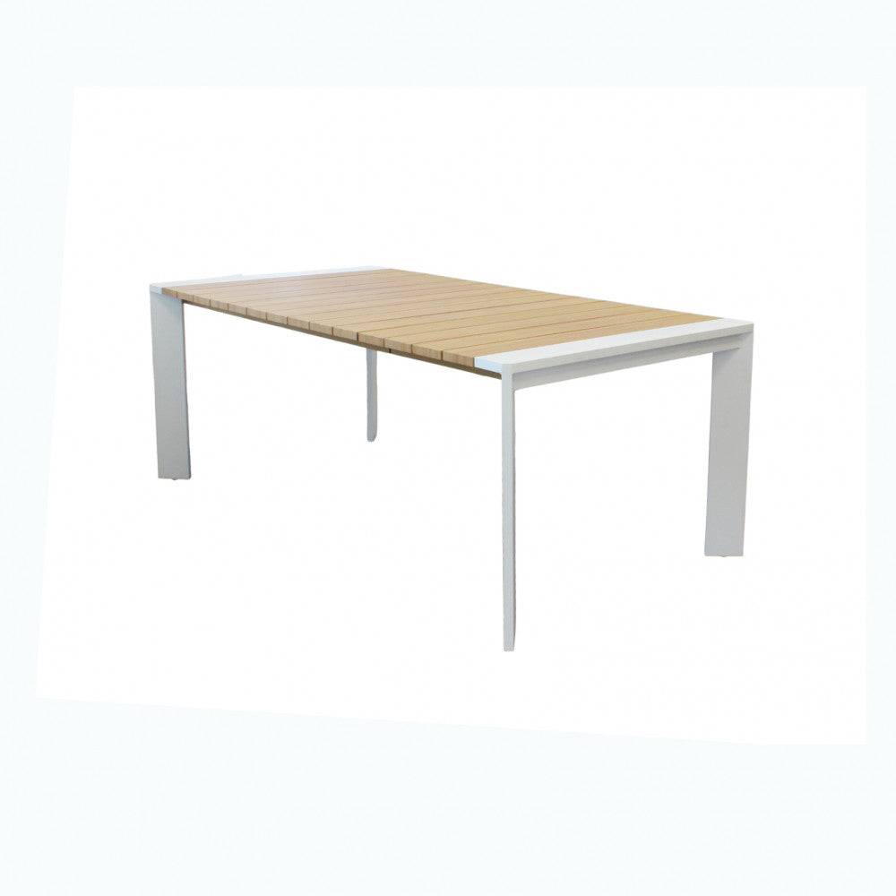 Tavolo rettangolare estensibile con struttura in alluminio bianco e piano effetto legno 150/200x100xH75 cm