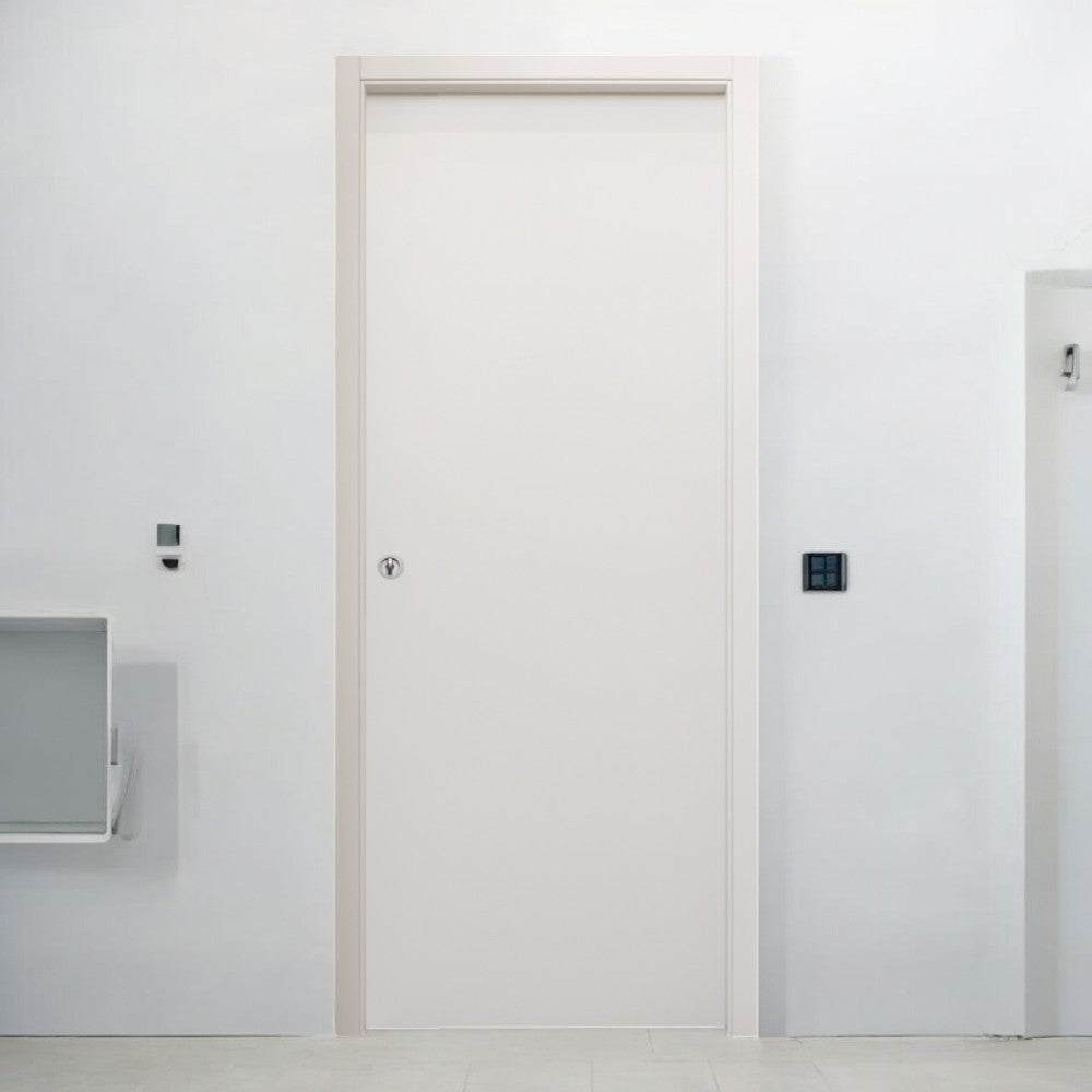 Porta da interno scorrevole reversibile in legno di abete giuntato bianca effetto liscio