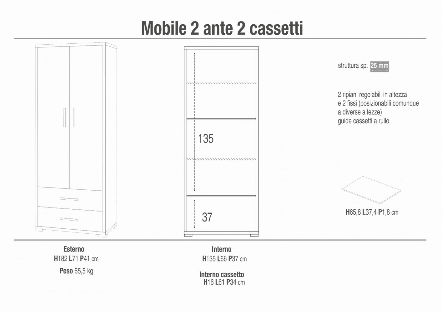 Mobile guardaroba moderno 2 ante 2 cassetti bianco MDF dimensioni H182 L71 cm ideale per organizzare e arredare casa