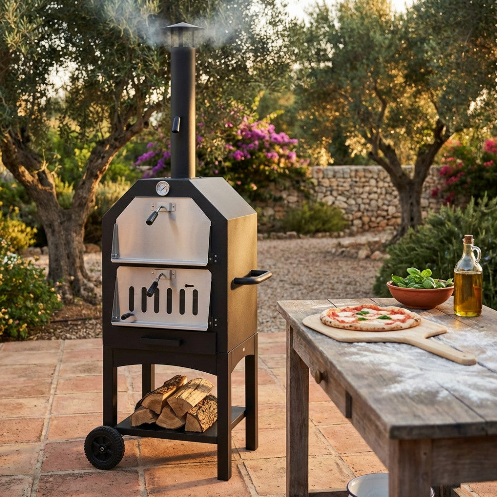 Forno a legna rettangolare in metallo grigio e nero per pizza italy
