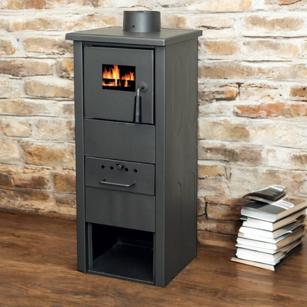 Stufa a legna 6,5 kw in acciaio antracite h80 cm con cassetto estraibile