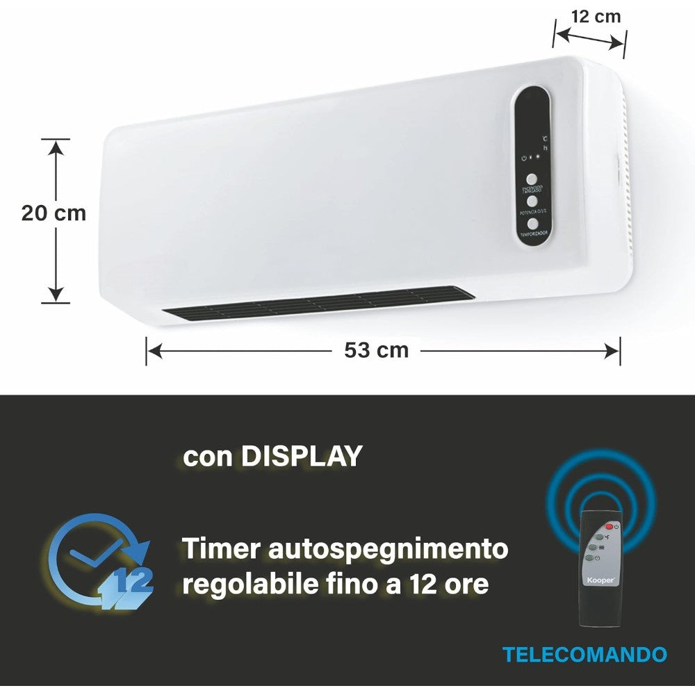 Termoventilatore a parete elementi in ceramica PTC con telecomando e timer 2000 watt