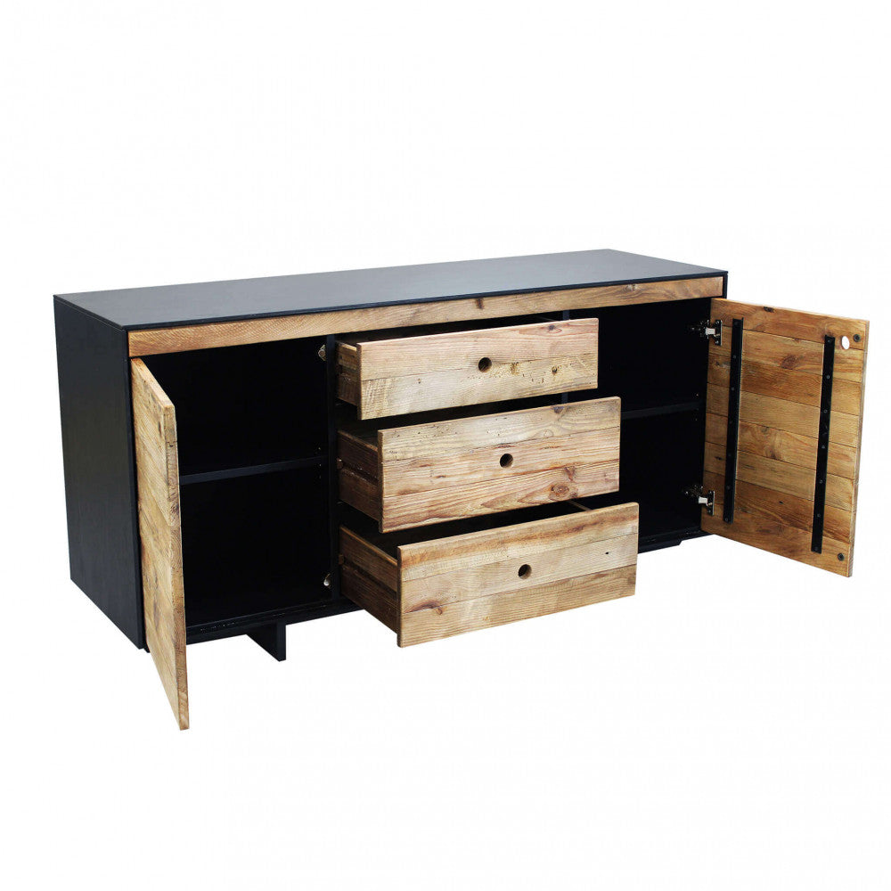 Mobile in legno di pino riciclato naturale con 3 cassetti e 2 ante 150x48xH76 cm Devin