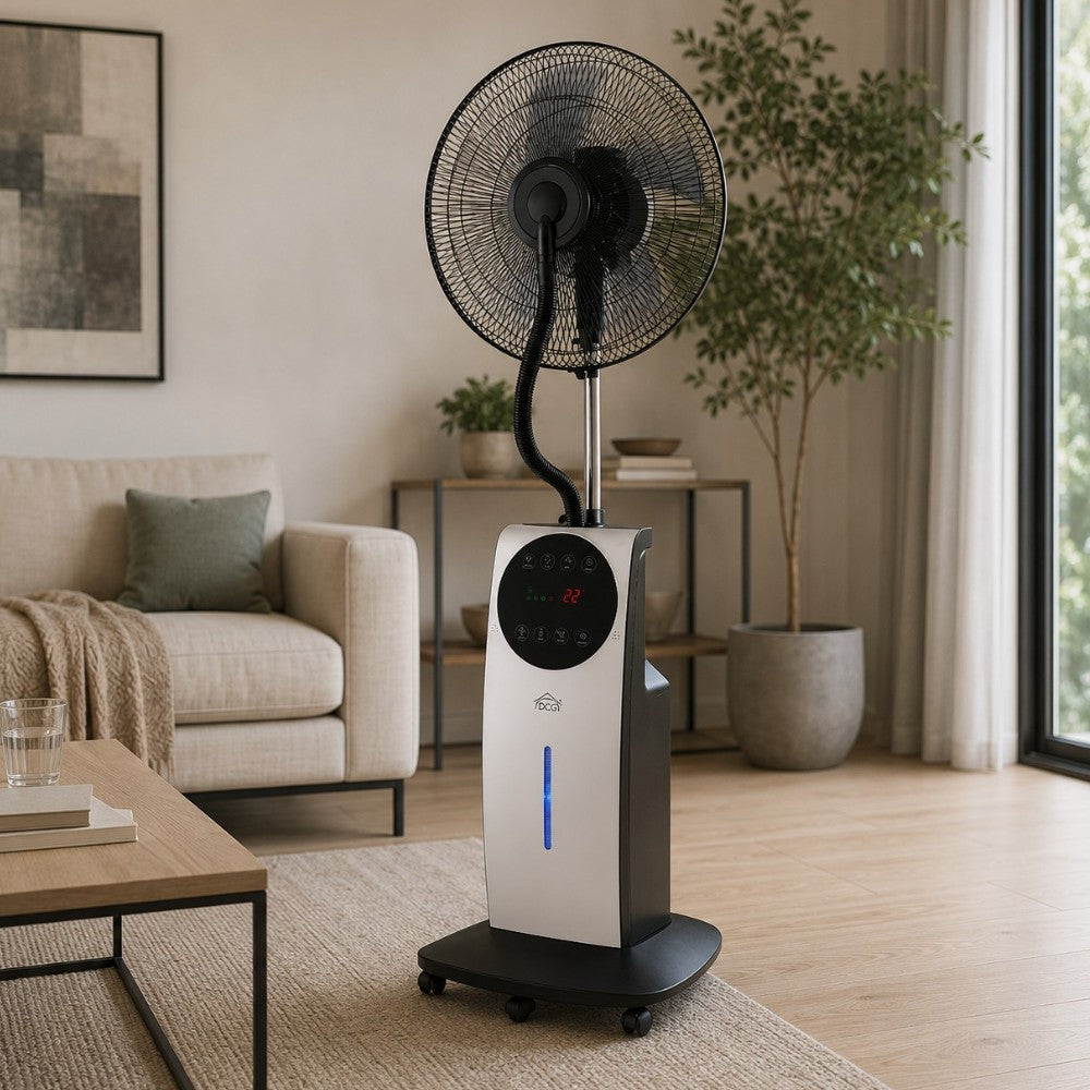 Ventilatore multifunzione a 3 pale con ruote e nebulizzatore 100W display led Nebuly