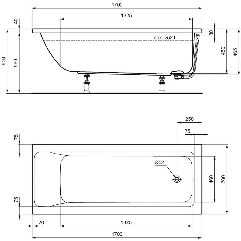 Vasca da bagno rettangolare solo guscio ad incasso in acrilico 170x70 cm 252 lt Connect