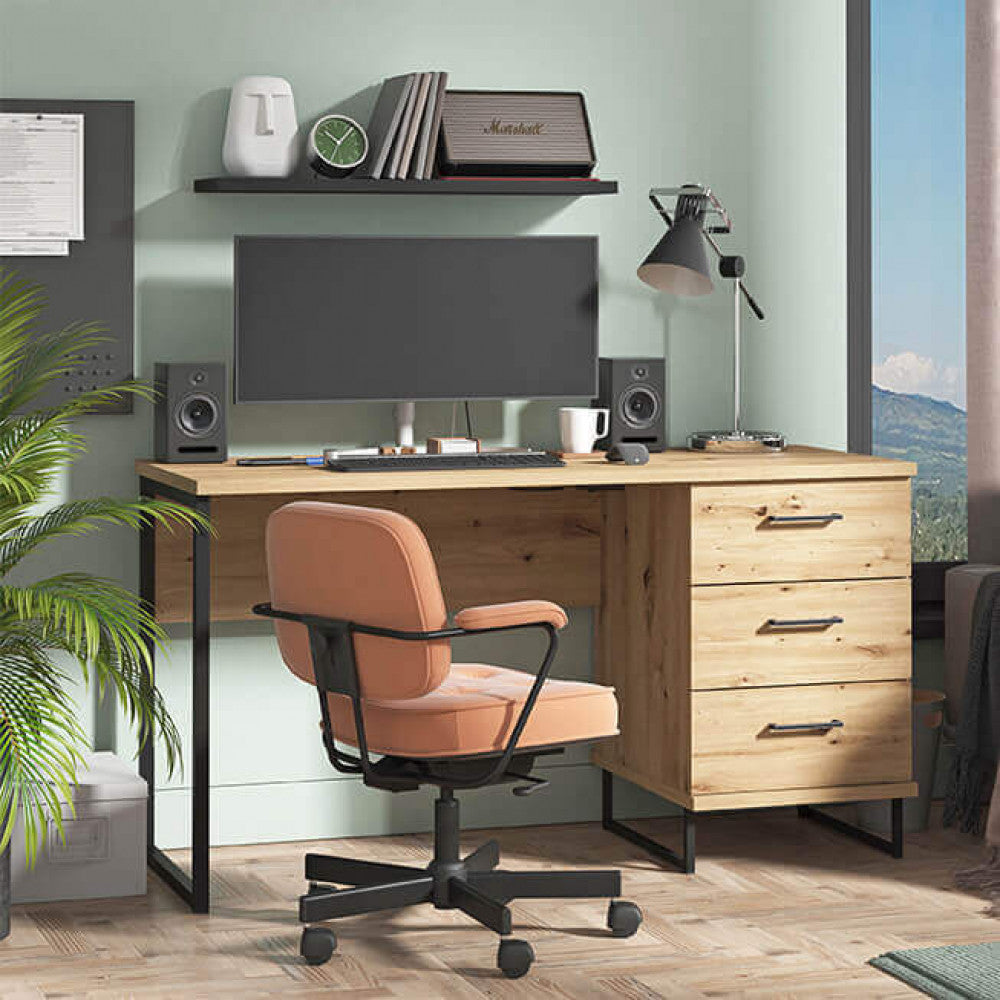 Scrivania porta PC 140x60 cm in legno e metallo con 3 cassetti Iron Desk