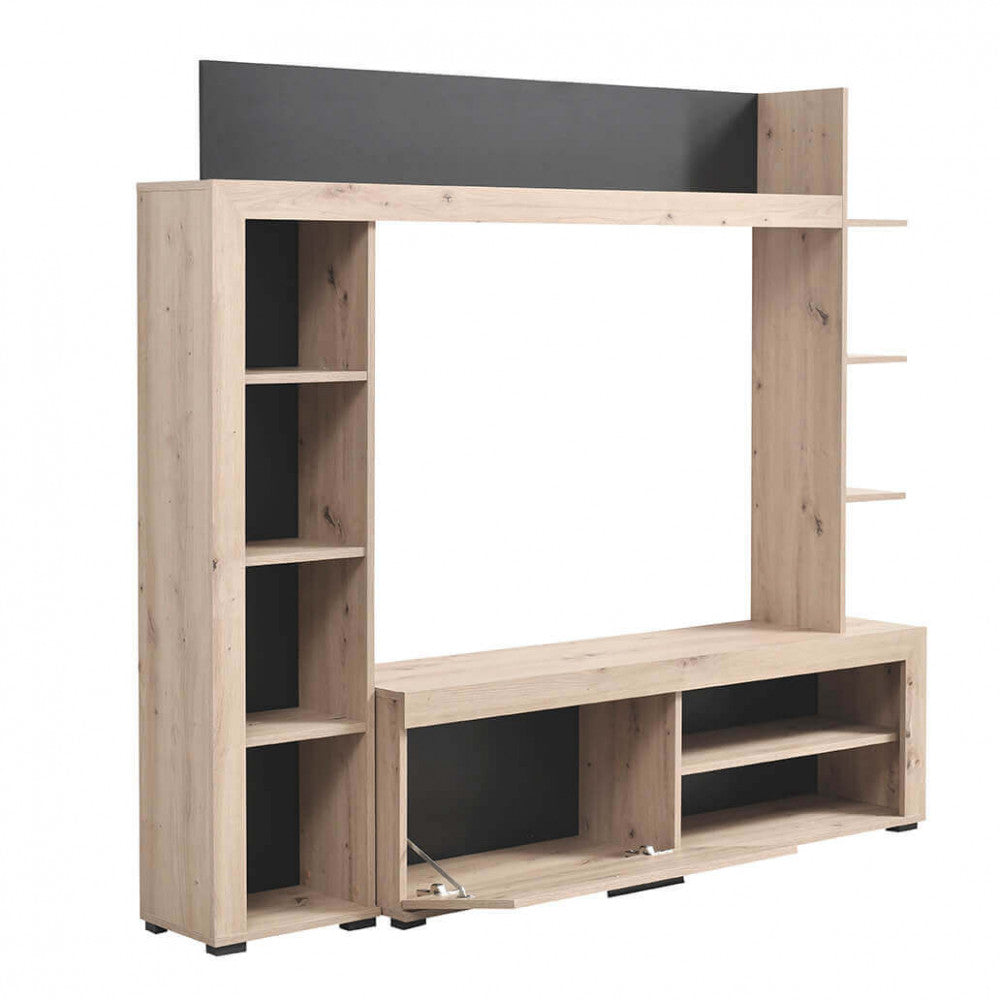 Parete attrezzata porta TV da soggiorno in legno con 10 ripiani e 1 anta a ribalta Jessy
