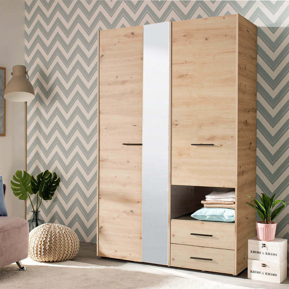 Armadio guardaroba con specchio da interno in legno nobilitato con 2 ante e 2 cassetti e asta appendi abiti Fester