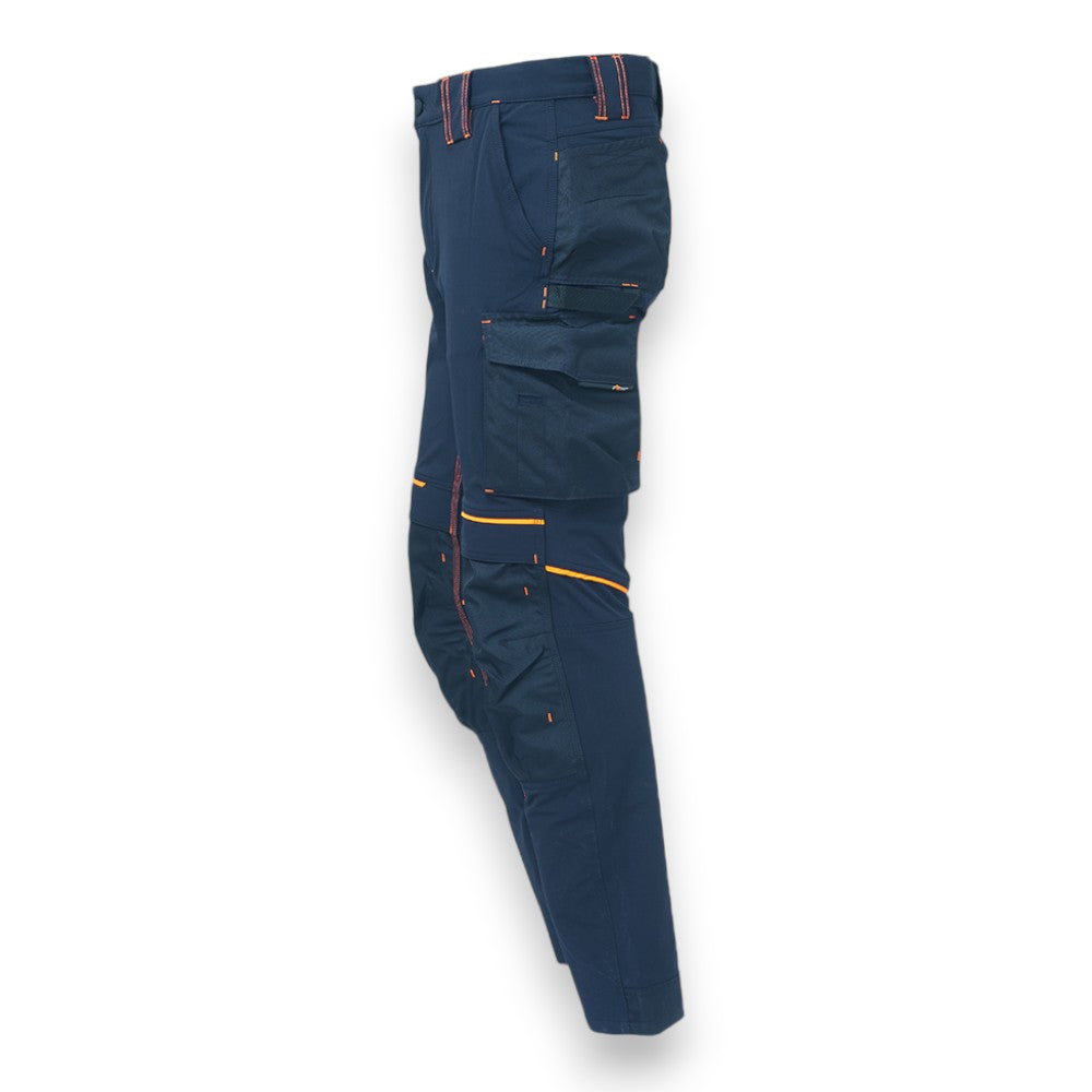 Pantalone lavoro stretch blu idrorepellente traspirante tasche multifunzione elastico regolabile tripla cucitura zip YKK