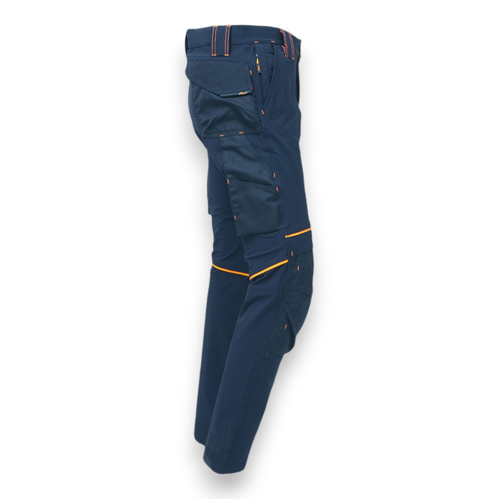 Pantalone lavoro stretch blu idrorepellente traspirante tasche multifunzione elastico regolabile tripla cucitura zip YKK