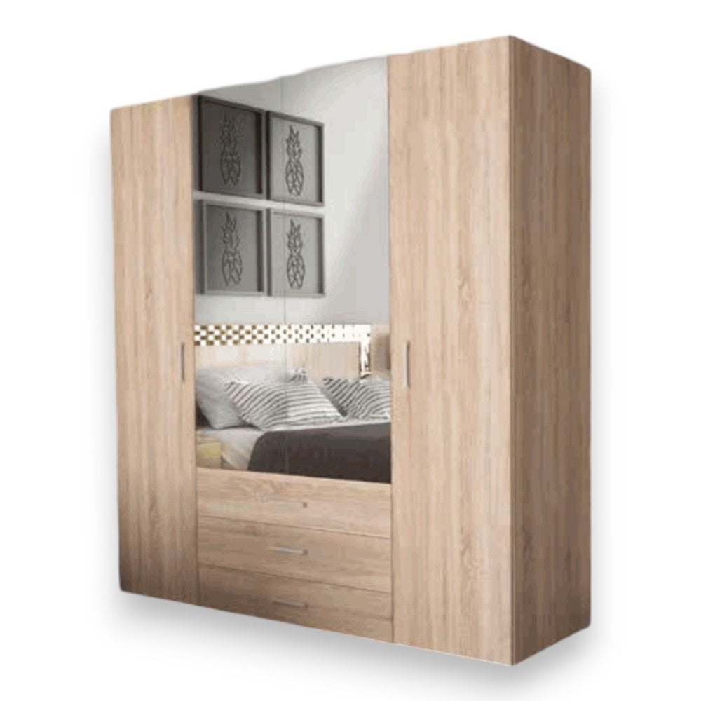 Armadio due ante con specchio tre cassetti e ripiani interni quercia chiaro dimensioni cm 154x50x176h