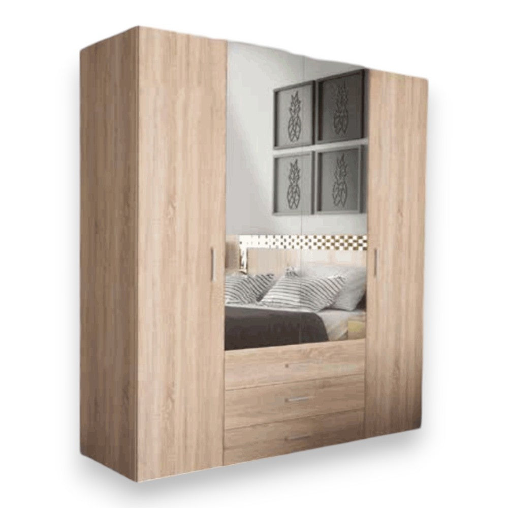 Armadio due ante con specchio tre cassetti e ripiani interni quercia chiaro dimensioni cm 154x50x176h