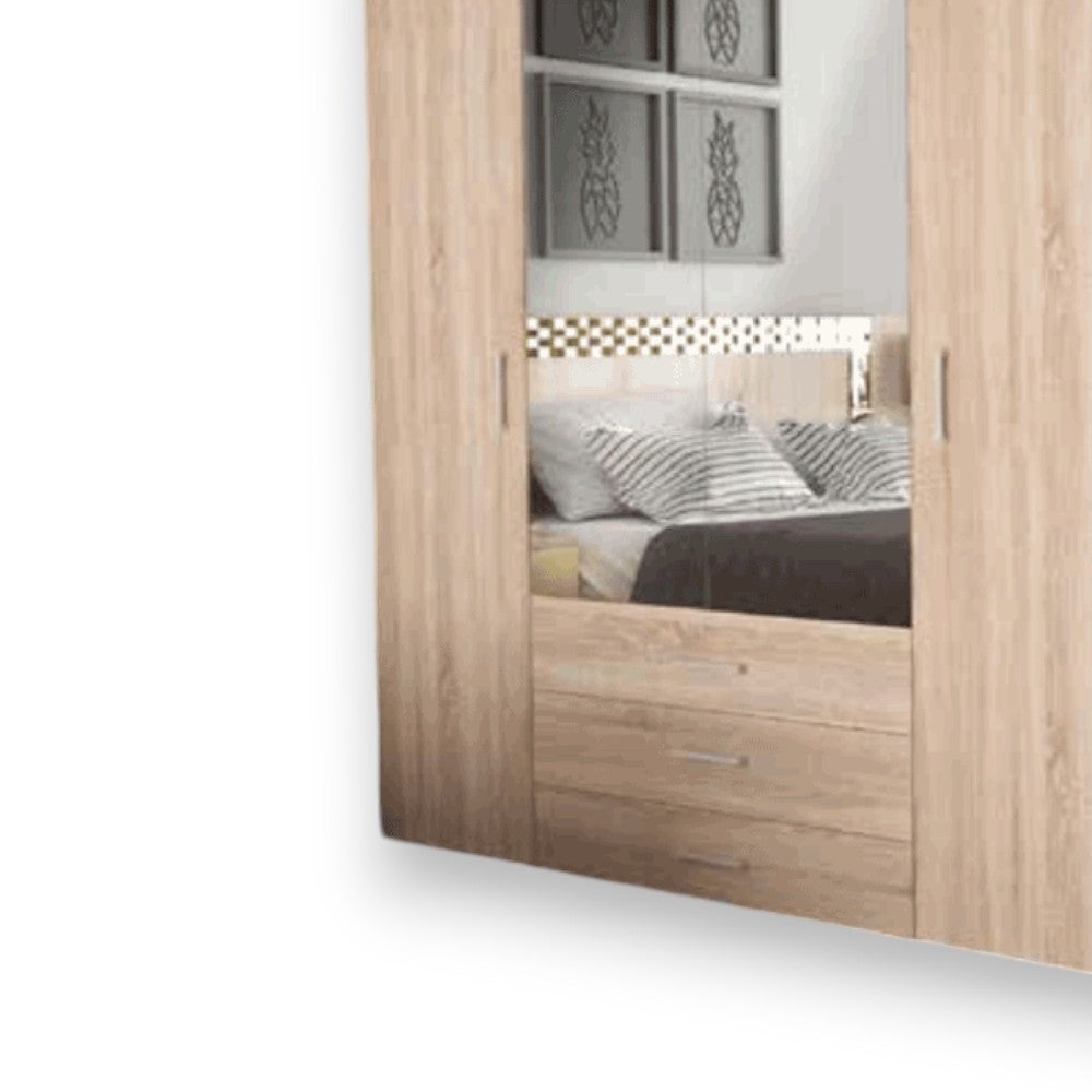 Armadio due ante con specchio tre cassetti e ripiani interni quercia chiaro dimensioni cm 154x50x176h