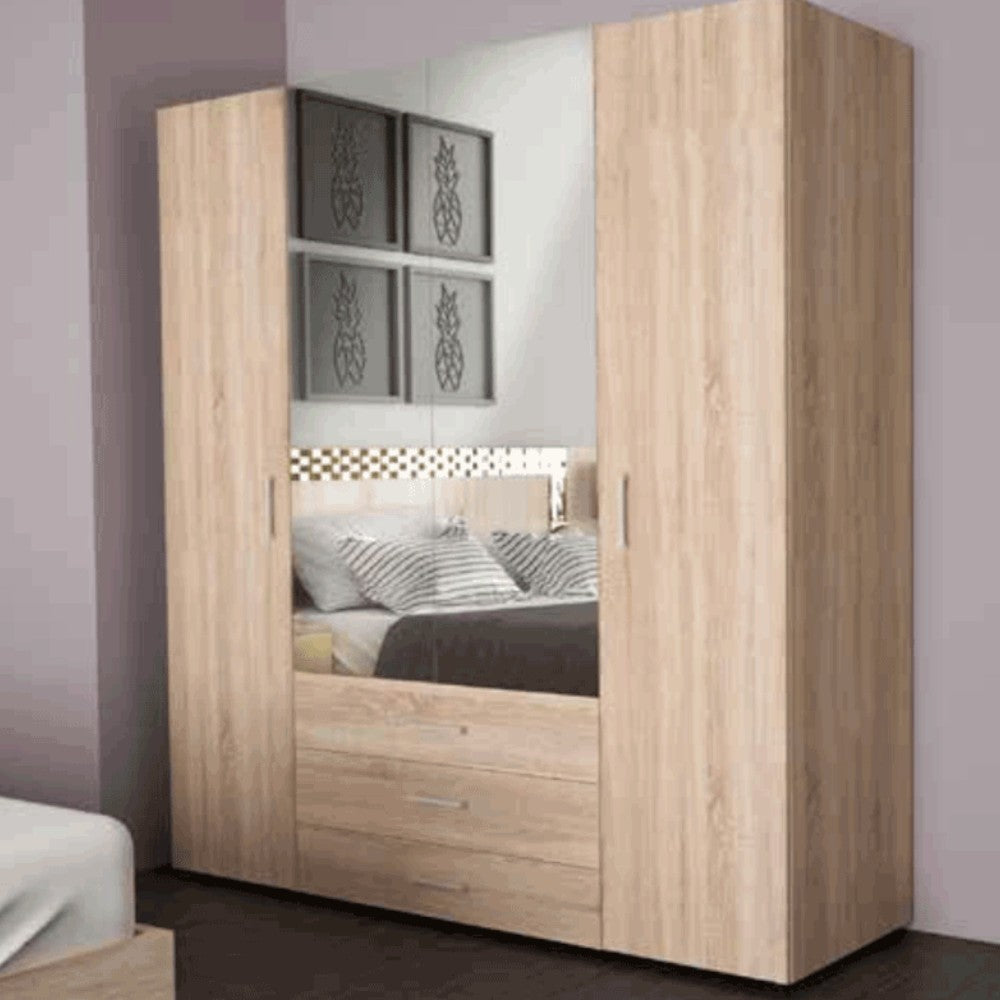 Armadio due ante con specchio tre cassetti e ripiani interni quercia chiaro dimensioni cm 154x50x176h