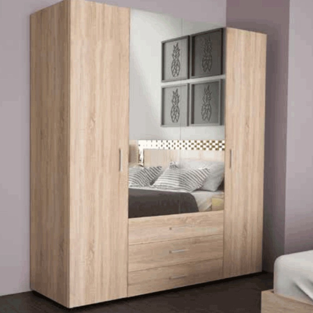 Armadio due ante con specchio tre cassetti e ripiani interni quercia chiaro dimensioni cm 154x50x176h