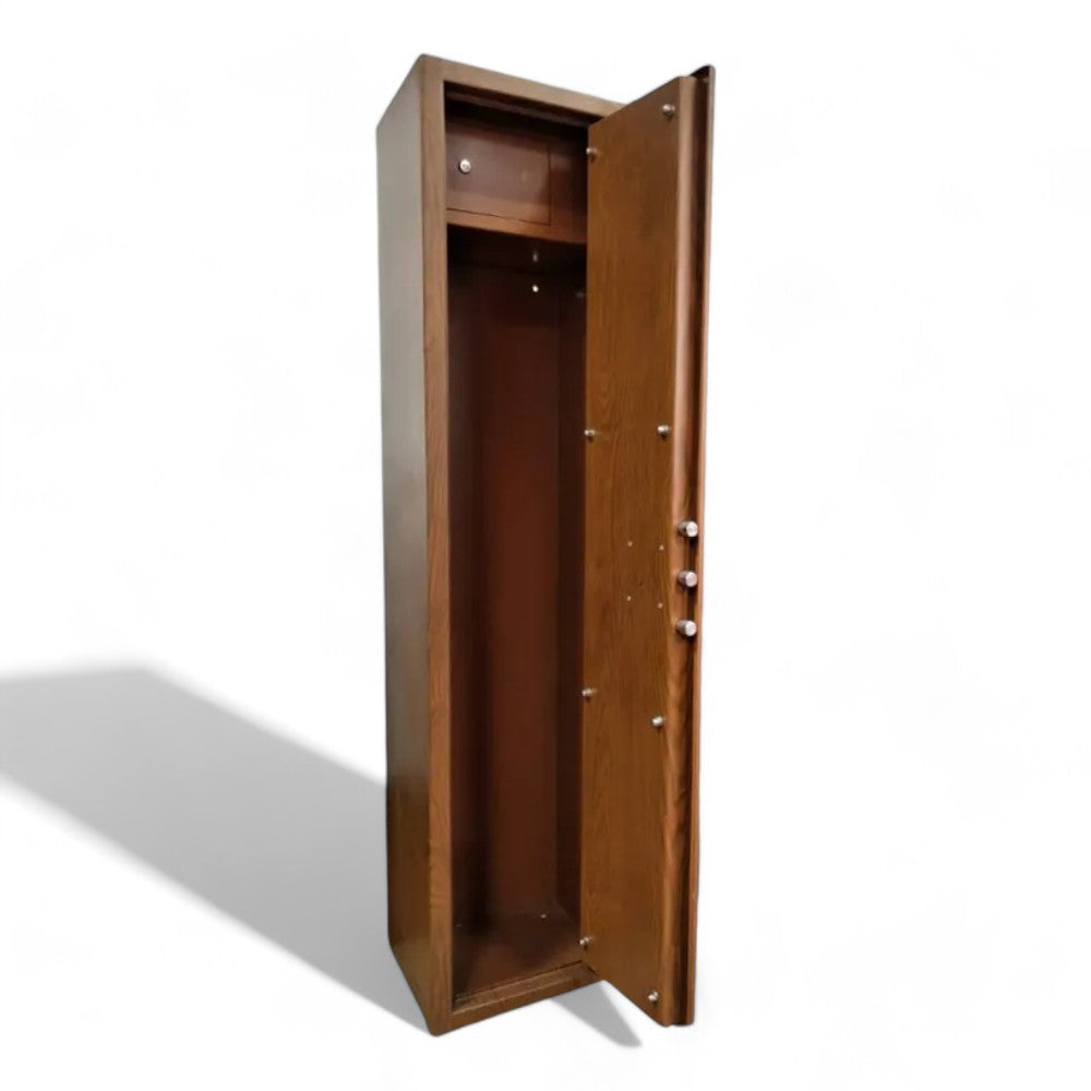 Armadio portafucili in acciaio effetto legno con tesoretto interno chiusura sicura con catenacci e chiavi doppia mappa