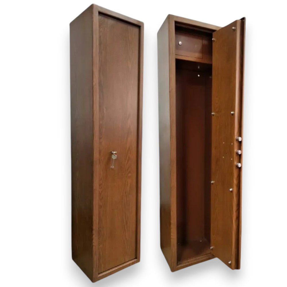 Armadio portafucili in acciaio effetto legno con tesoretto interno chiusura sicura con catenacci e chiavi doppia mappa