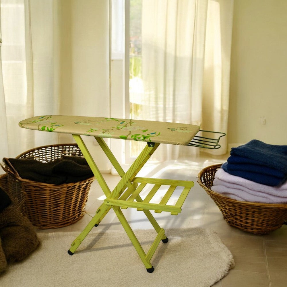 Asse da stiro in legno con piano a doghe regolabile e poggiaferro in metallo supporto poggiapanni misure 35x110 cm