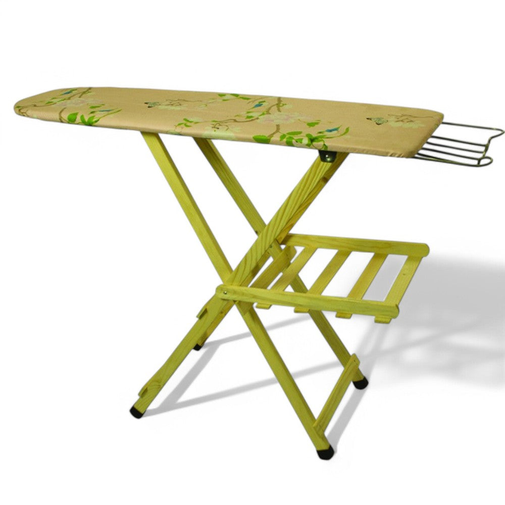 Asse da stiro in legno con piano a doghe regolabile e poggiaferro in metallo supporto poggiapanni misure 35x110 cm