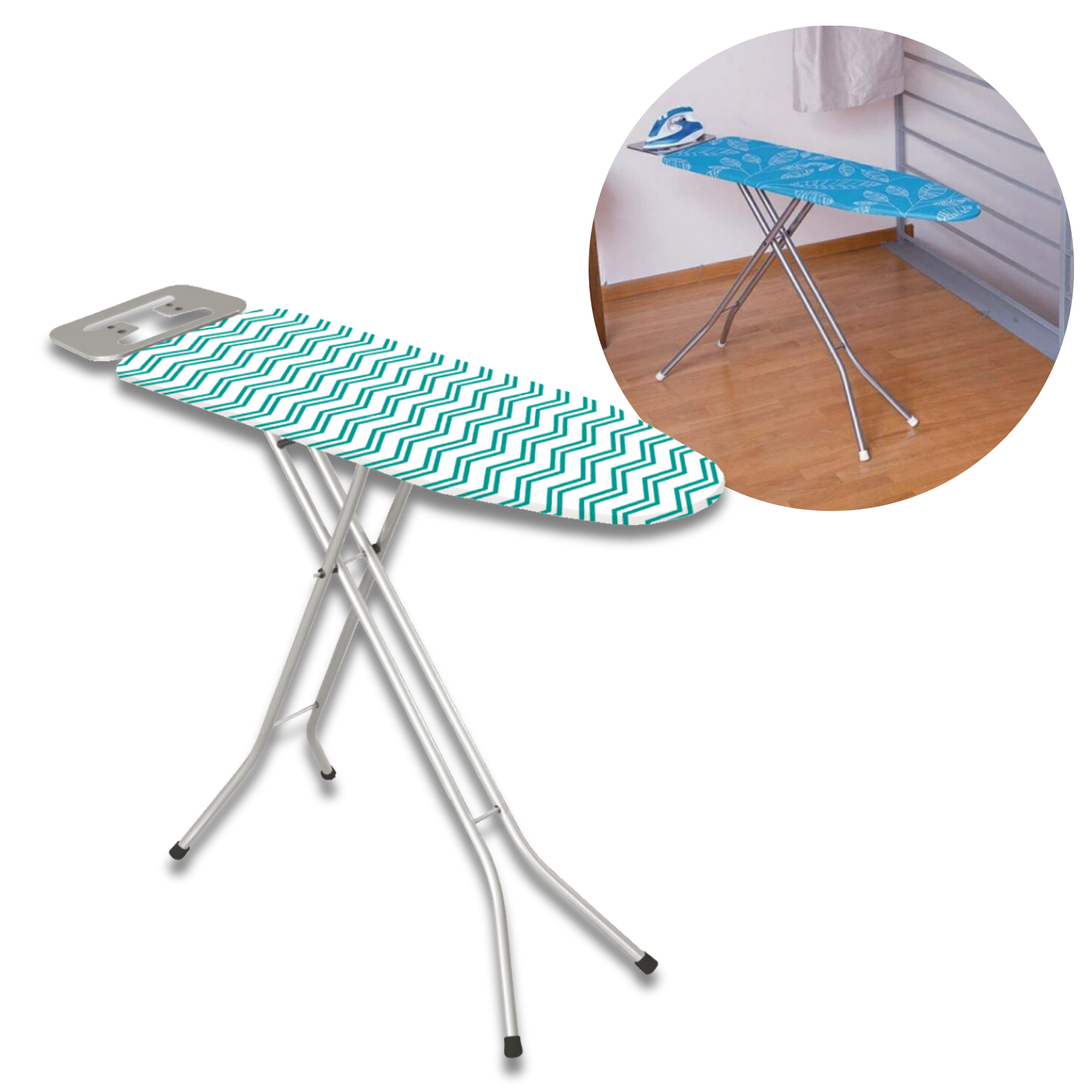 Asse da stiro regolabile cm 105x30 con ripiano in acciaio traspirante portaferro verniciato e piedini antiscivolo