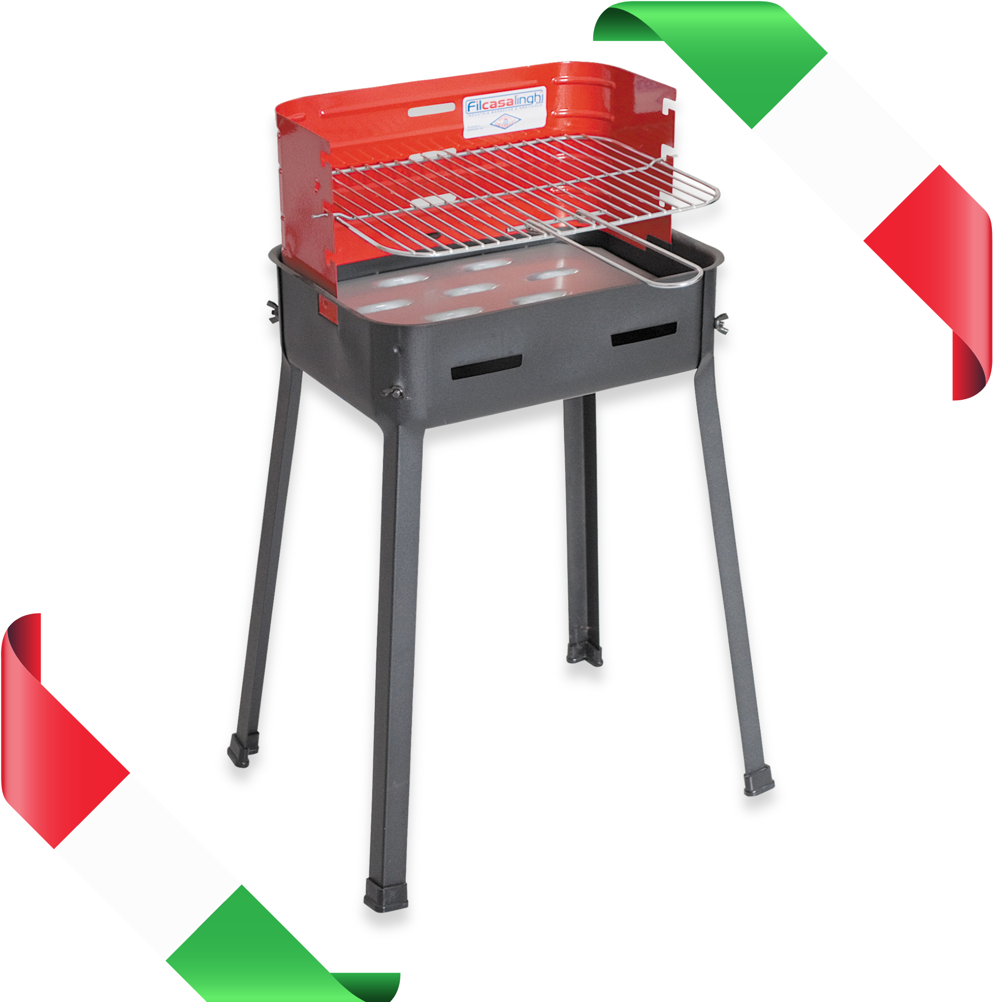 Barbecue a carbonella piccolo 35x25x65h acciaio verniciato griglia cromata regolabile tre posizioni paravento gambe viti farfalla