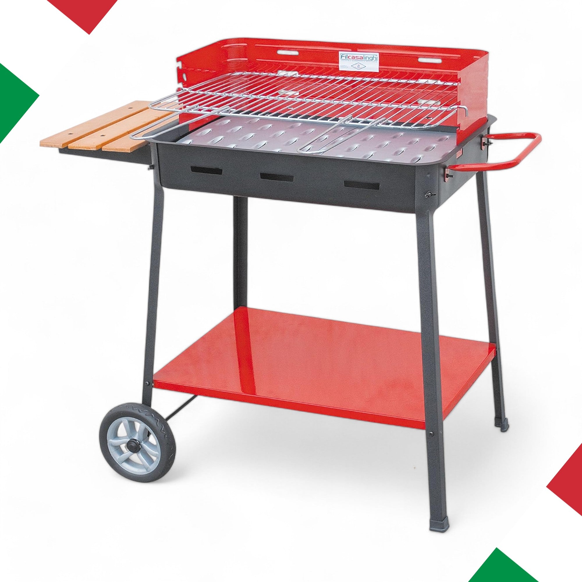 Barbecue BBQ a carbonella con ruote griglia regolabile acciaio verniciato smaltato ripiano laterale legno 60x40x85cm