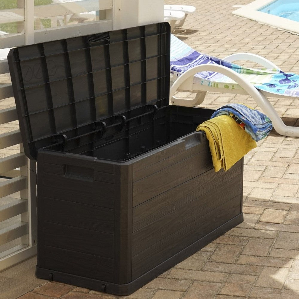 Baule contenitore da esterno in resina antracite effetto legno 280 lt