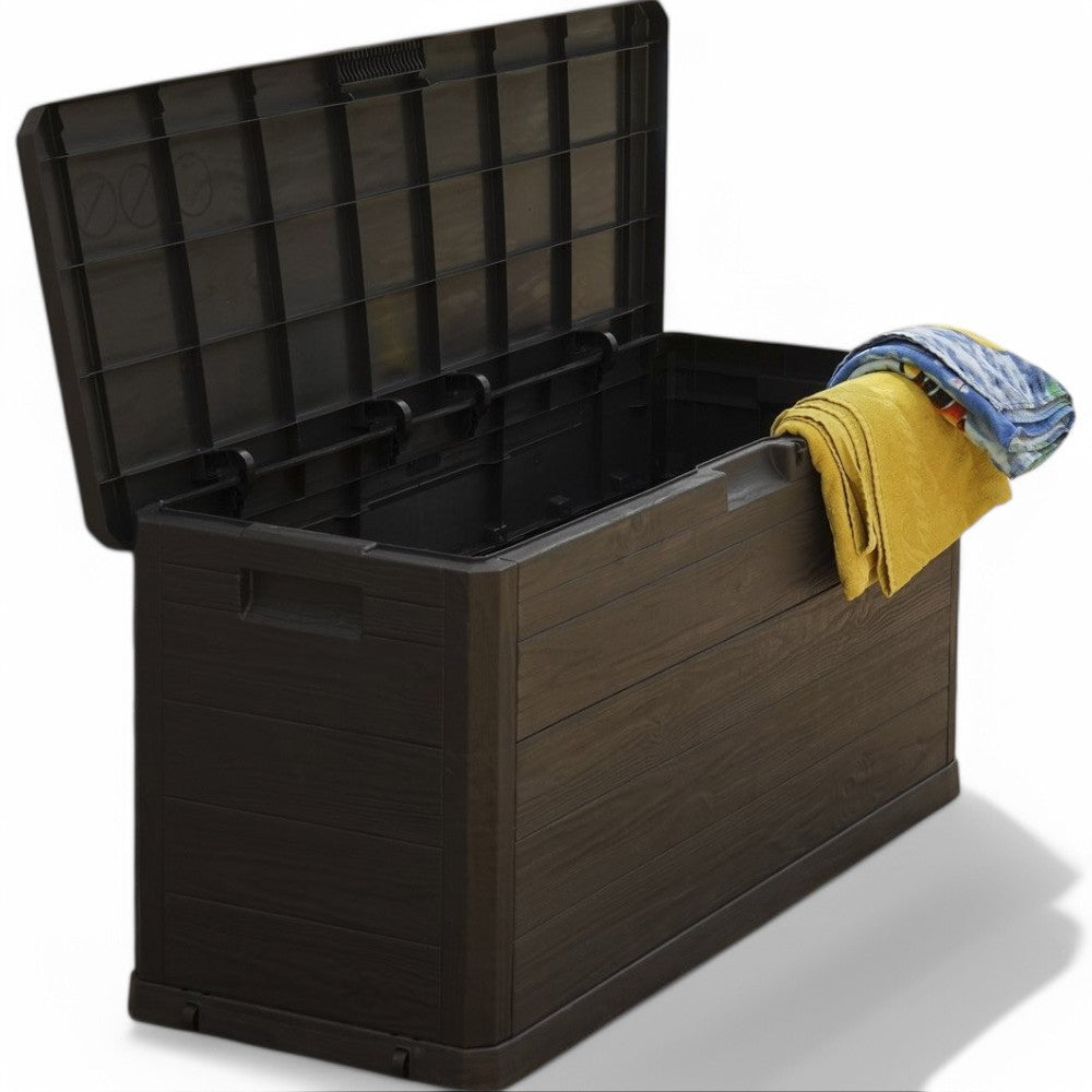 Baule contenitore da esterno in resina antracite effetto legno 280 lt