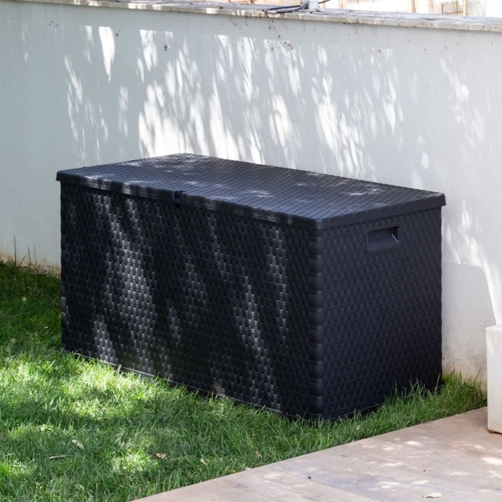 Baule 420 lt da esterno in resina antracite effetto rattan con ruote e chiusura lucchettabile