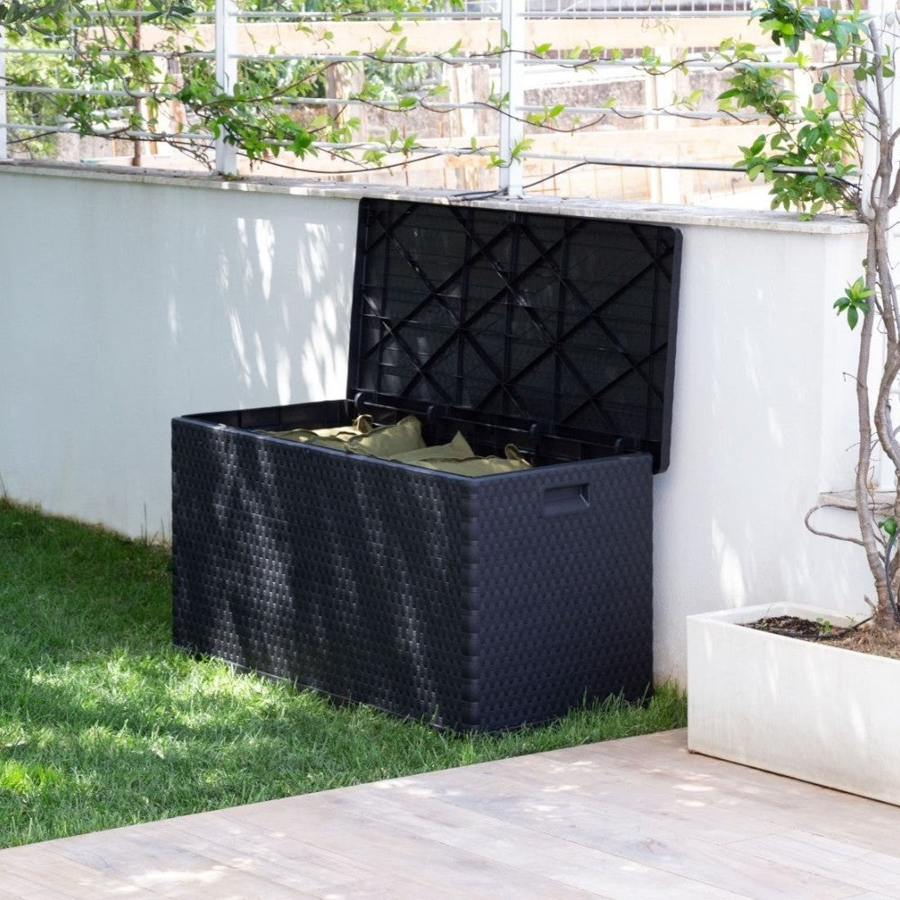 Baule 420 lt da esterno in resina antracite effetto rattan con ruote e chiusura lucchettabile
