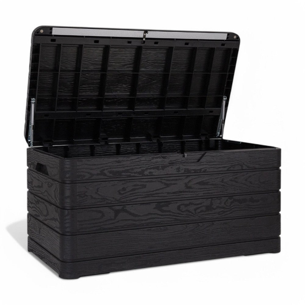 Baule cassapanca 500 lt da esterno in resina antracite effetto legno con chiusura lucchettabile