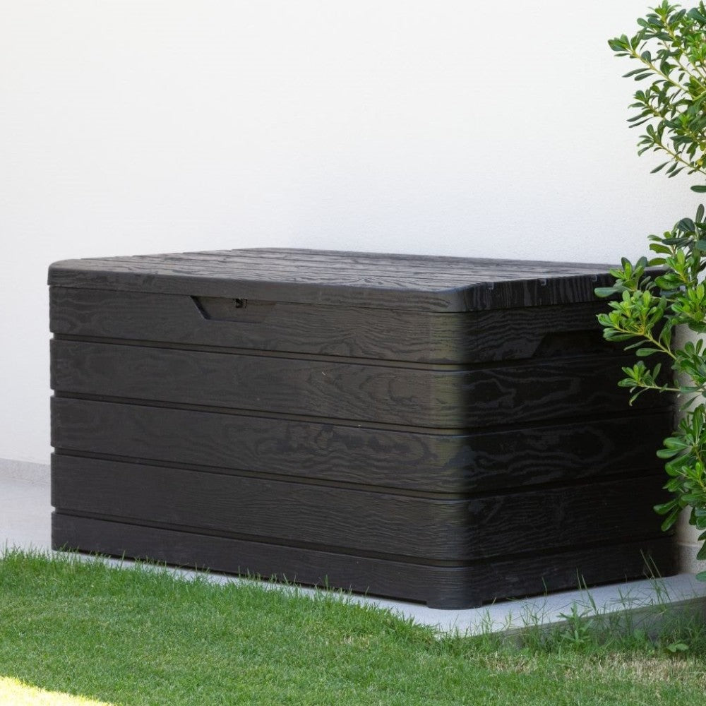 Baule cassapanca 500 lt da esterno in resina antracite effetto legno con chiusura lucchettabile