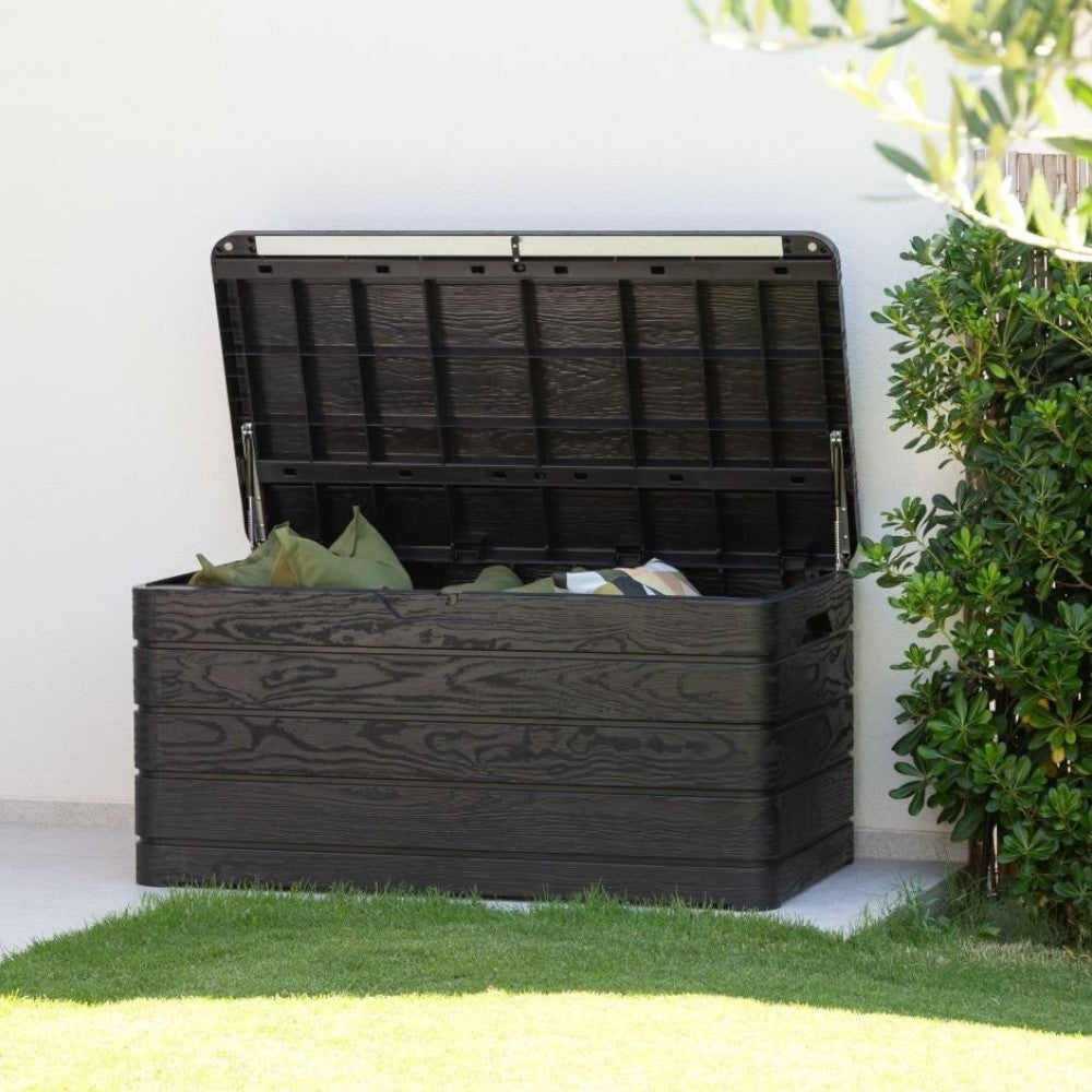 Baule cassapanca 500 lt da esterno in resina antracite effetto legno con chiusura lucchettabile