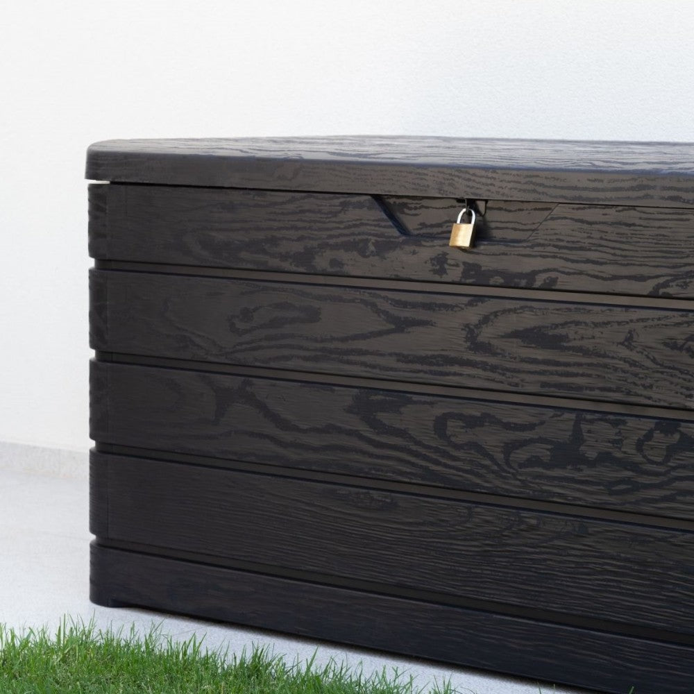Baule cassapanca 500 lt da esterno in resina antracite effetto legno con chiusura lucchettabile