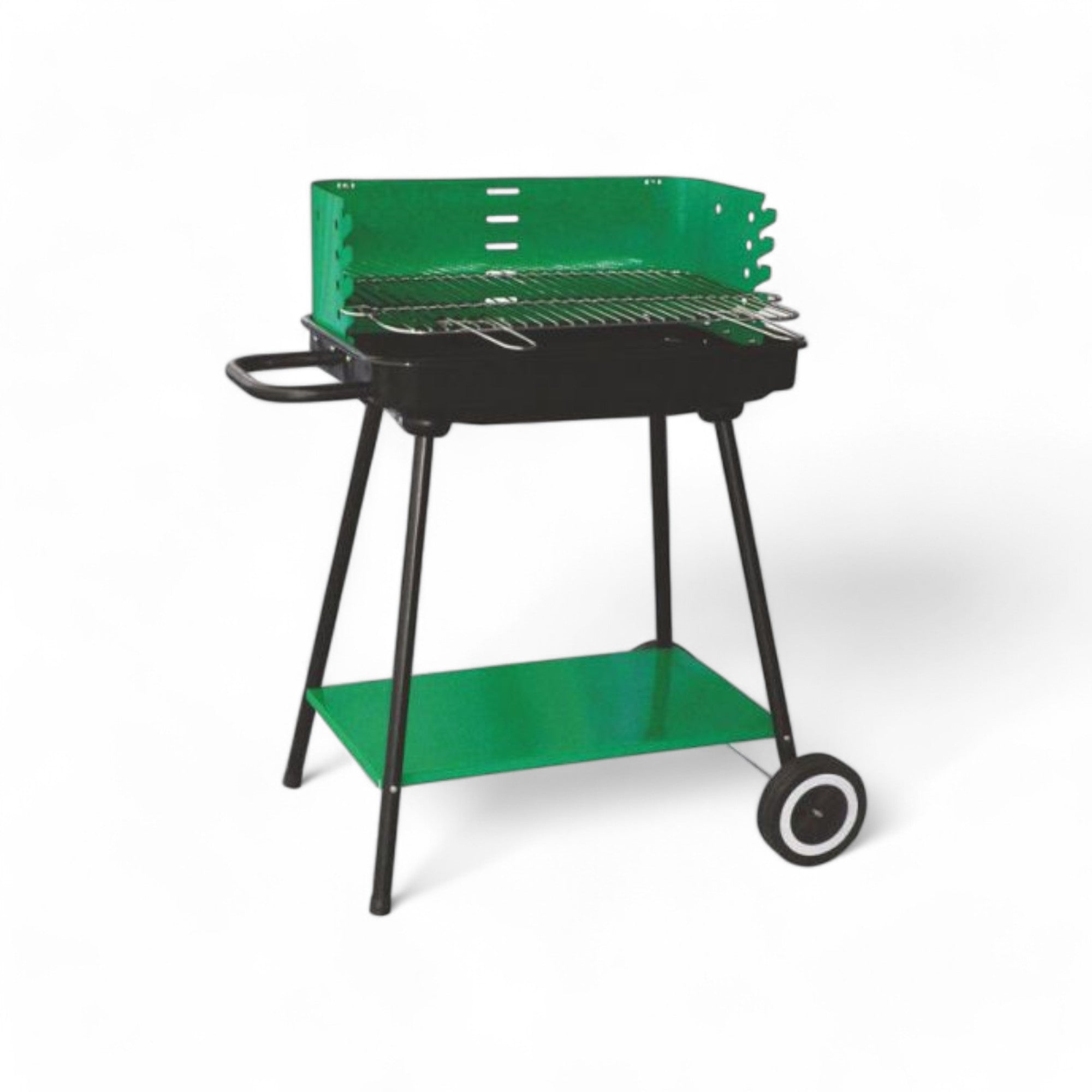 Barbecue rettangolare con ruote griglia regolabile quattro posizioni acciaio cromo altezza cottura 68 cm cappa paravento raichte