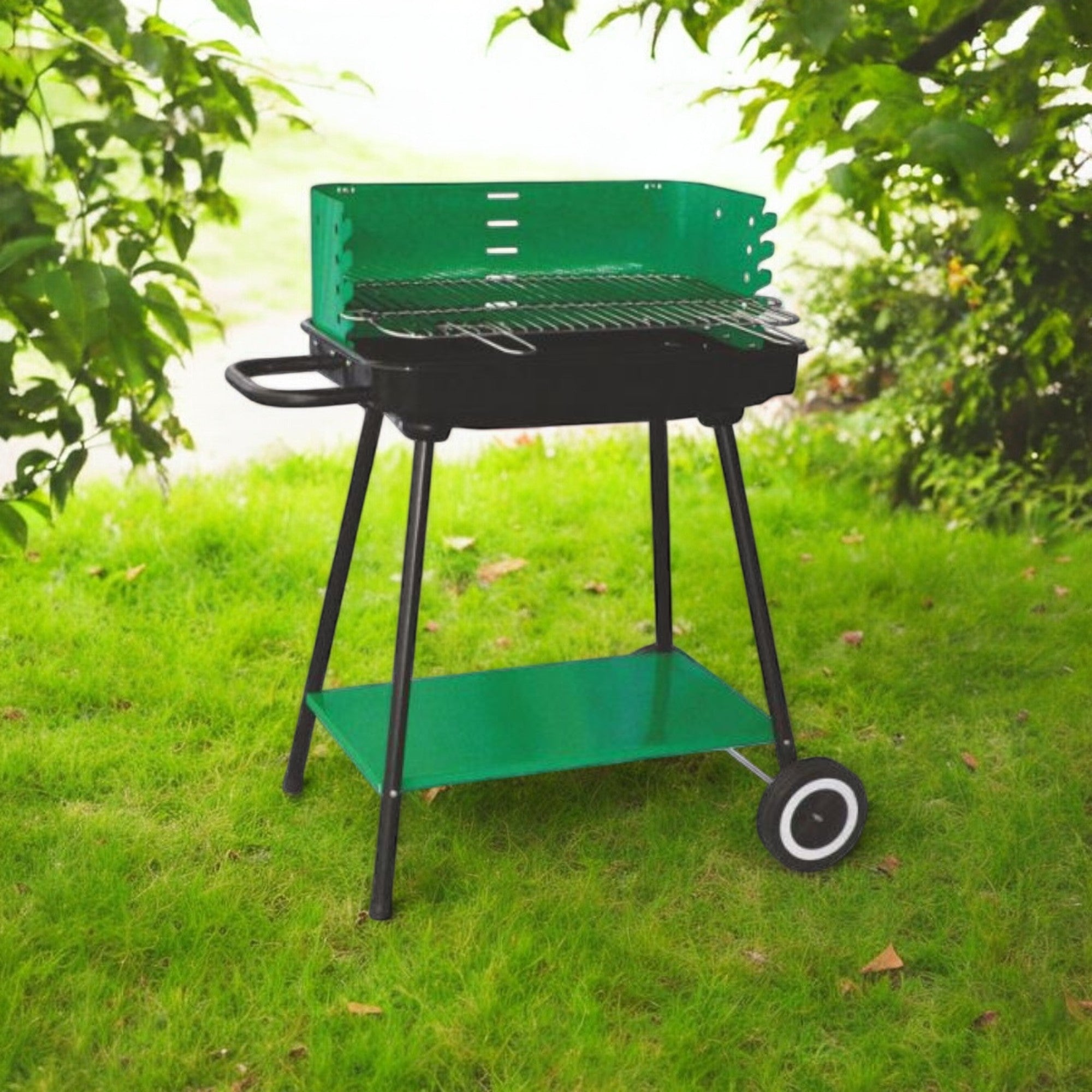 Barbecue rettangolare con ruote griglia regolabile quattro posizioni acciaio cromo altezza cottura 68 cm cappa paravento raichte