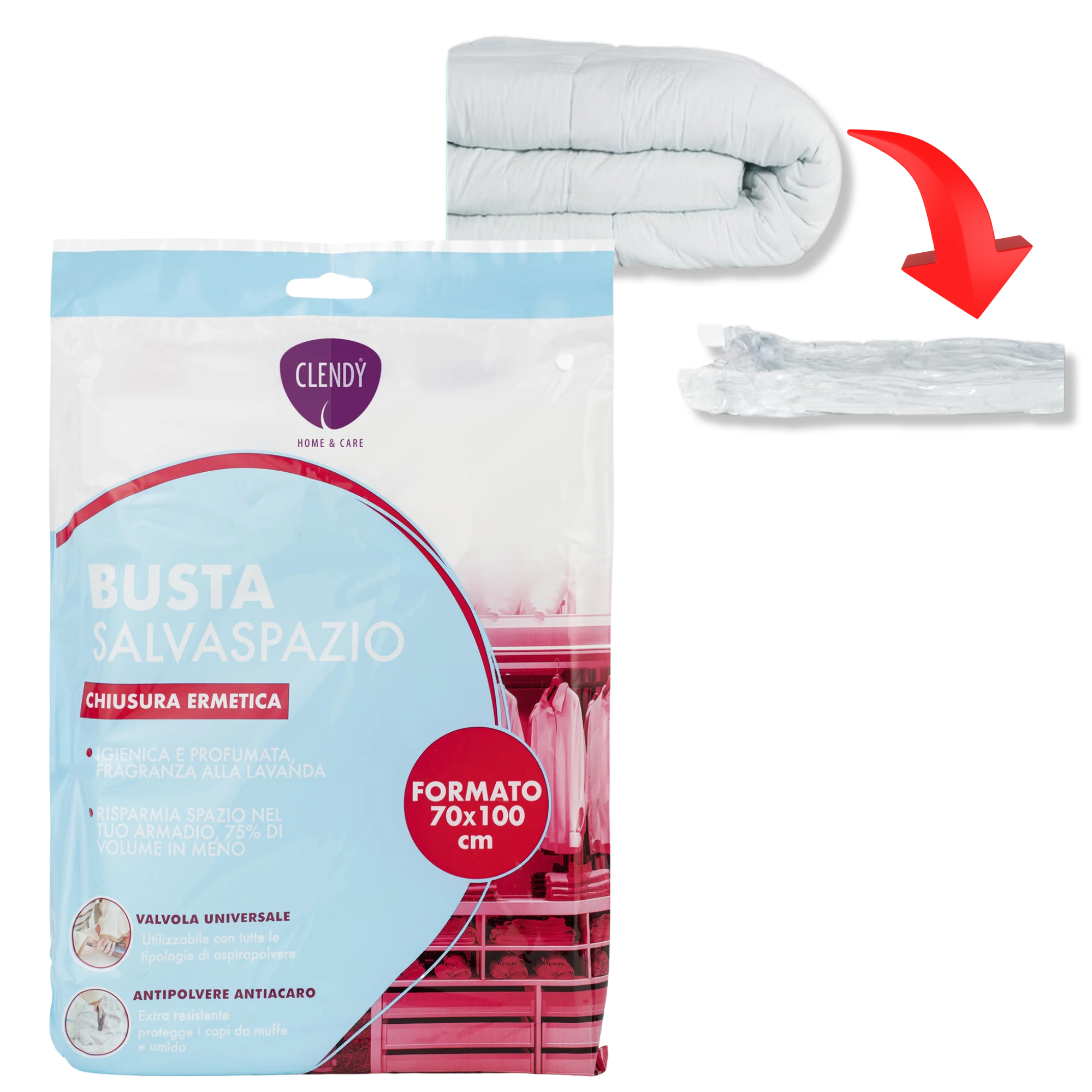 Busta salvaspazio 70x100 cm per golf coperte e piumini doppia chiusura ermetica igiene atossica anallergica profumata senza muffe tarme