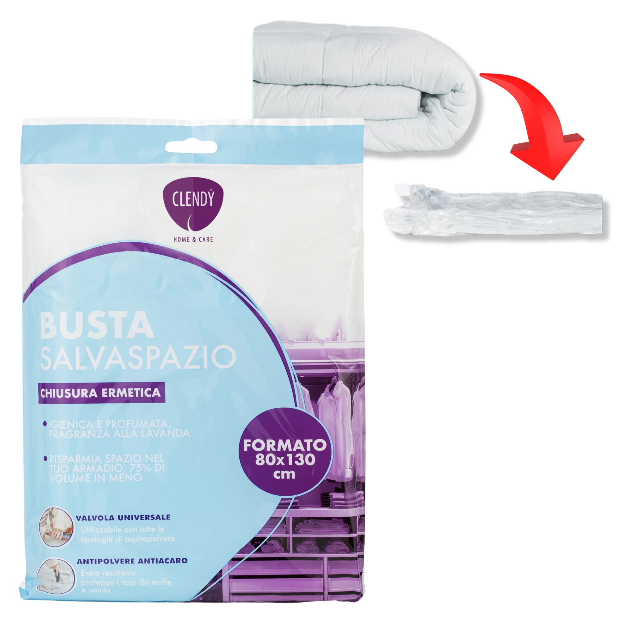 Busta salvaspazio 80x130 cm per piumini e coperte doppia chiusura ermetica compatibile aspirapolvere atossica anallergica