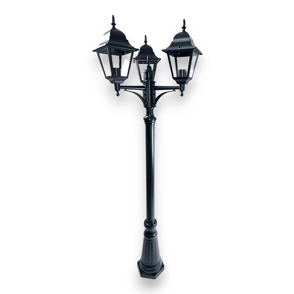 Lampione da giardino a 3 luci 100W h230 cm con struttura in alluminio verniciato nero e altezza regolabile New York