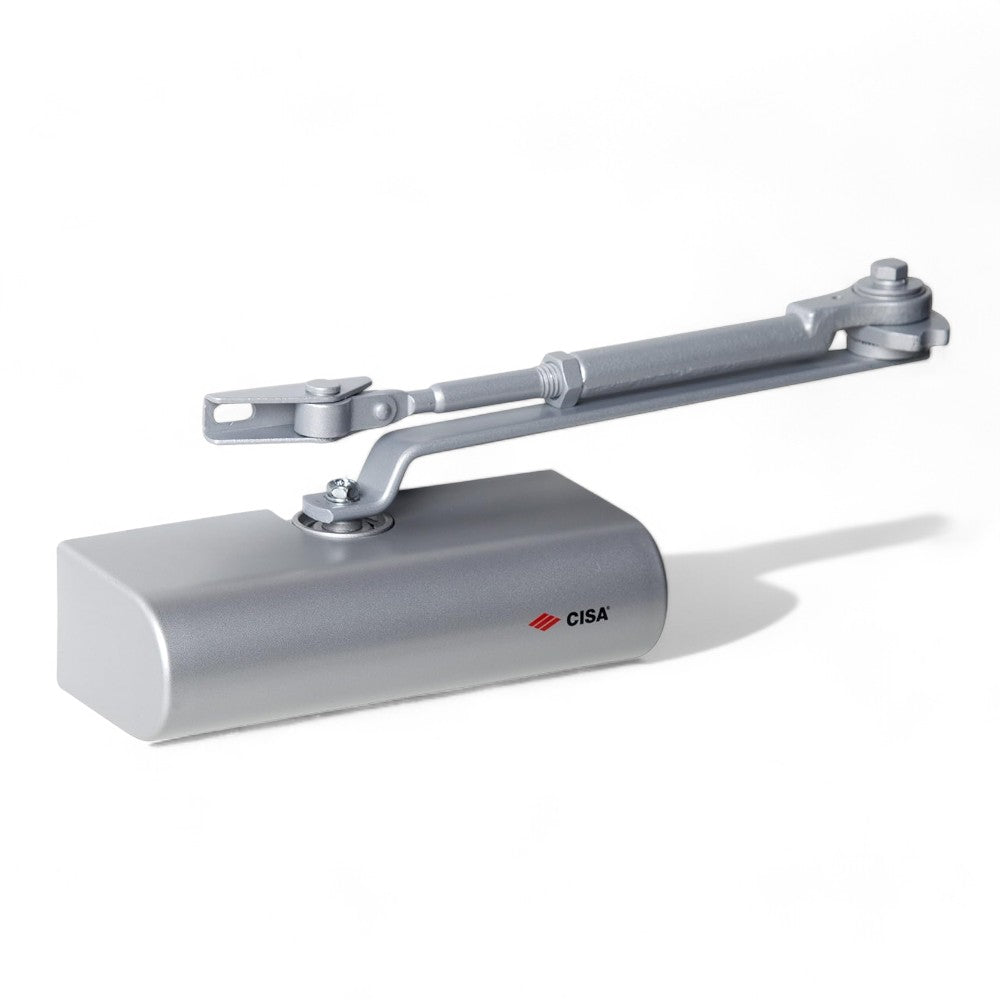 Chiudiporta universale in alluminio regolabile multiforza con arresto per porte fino a 110cm 80kg valvola velocita regolabile