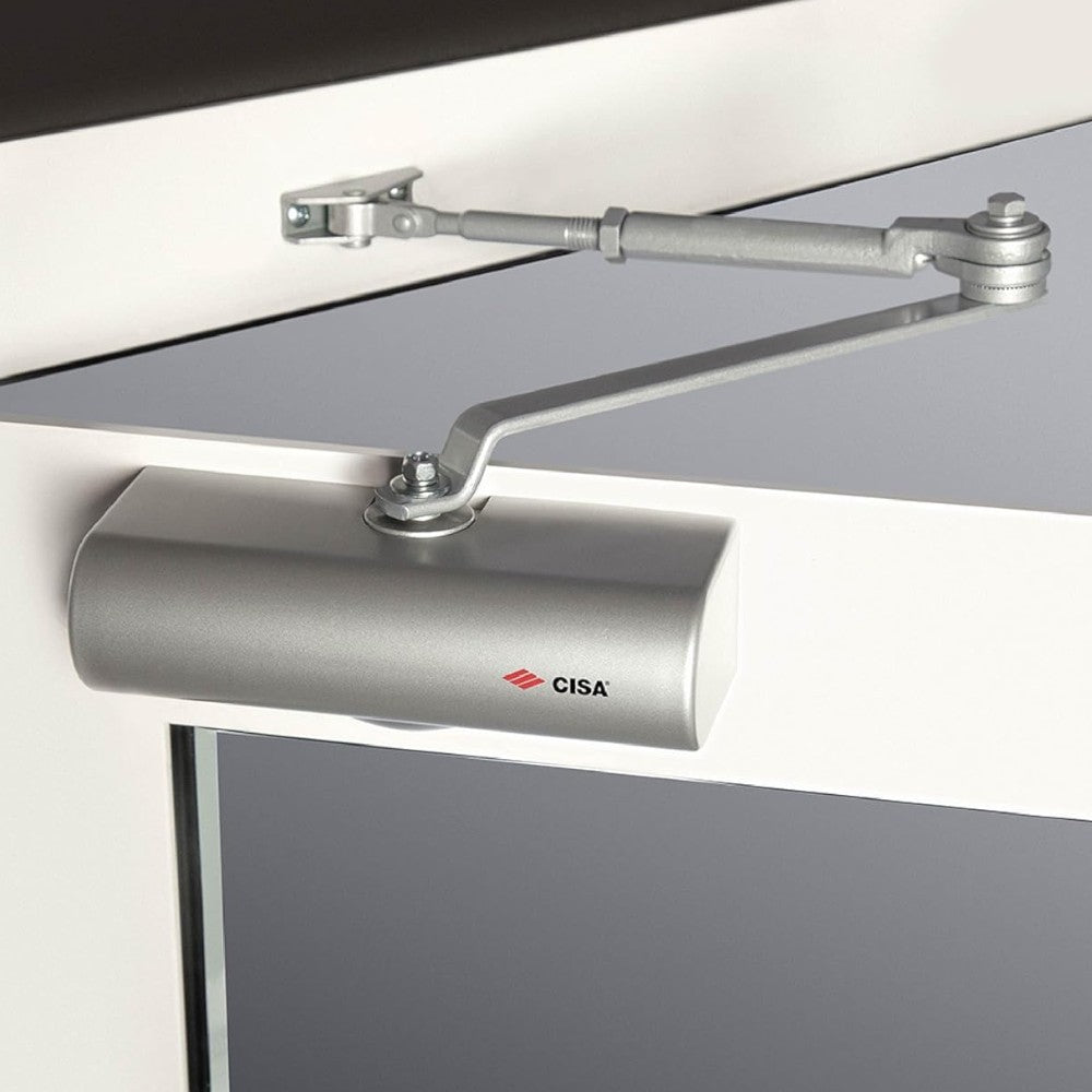 Chiudiporta universale in alluminio regolabile multiforza con arresto per porte fino a 110cm 80kg valvola velocita regolabile