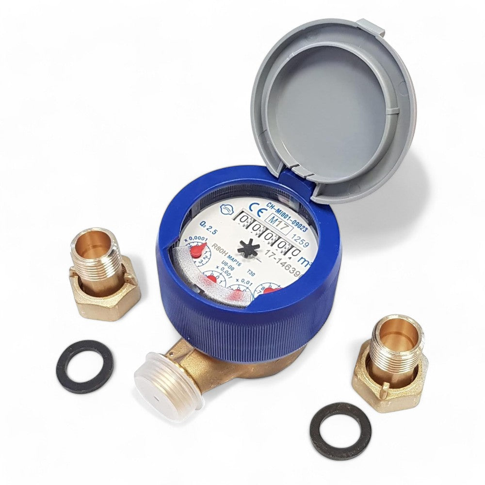 Contatore acqua fredda 8 cifre a getto unico quadrante bagnato cassa ottone verniciato raccordi bocchettoni 1/2 pollice