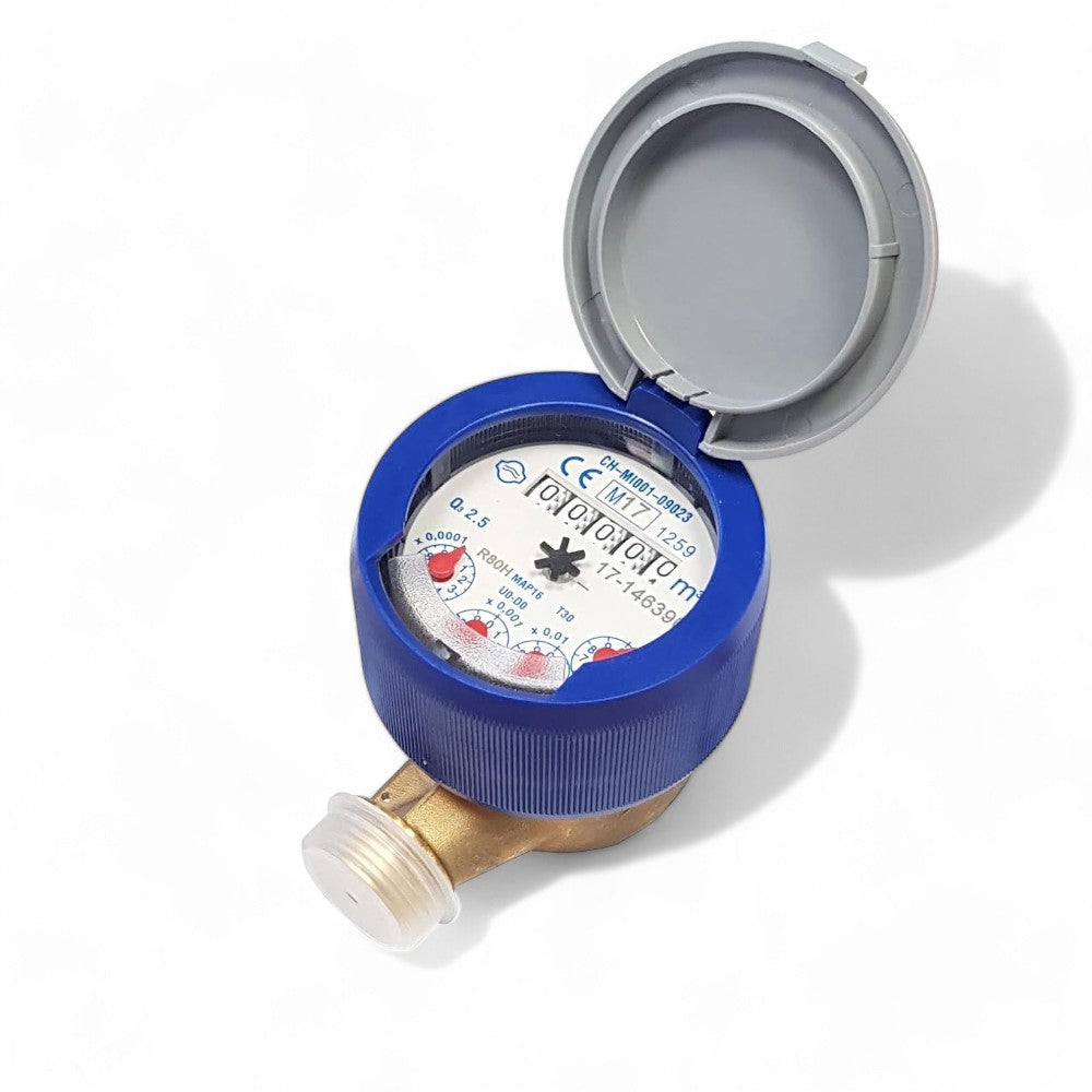 Contatore acqua fredda 8 cifre a getto unico quadrante bagnato cassa ottone verniciato raccordi bocchettoni 1/2 pollice