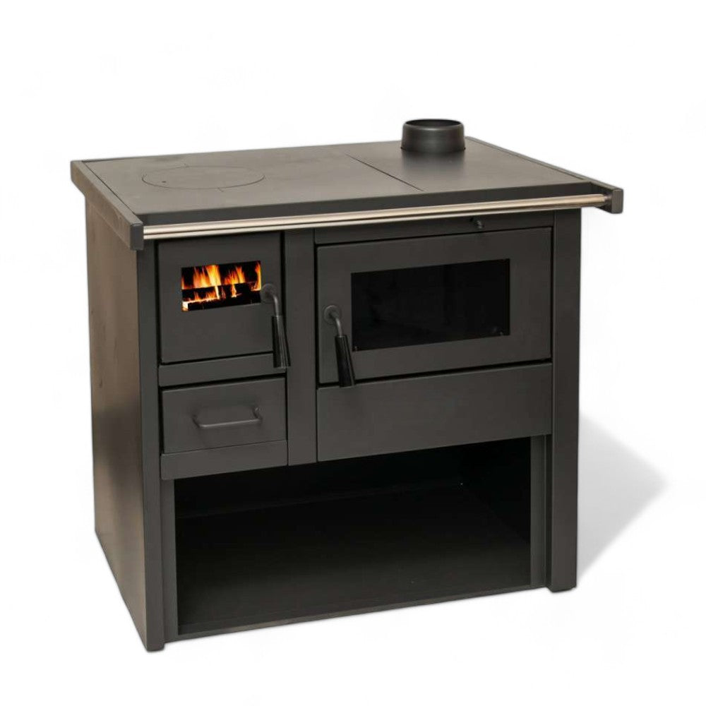 Cucina a legna per riscaldamento e cottura acciaio grigio 7,1 kW diametro canna fumaria 120 mm dimensioni 81x88x60 cm